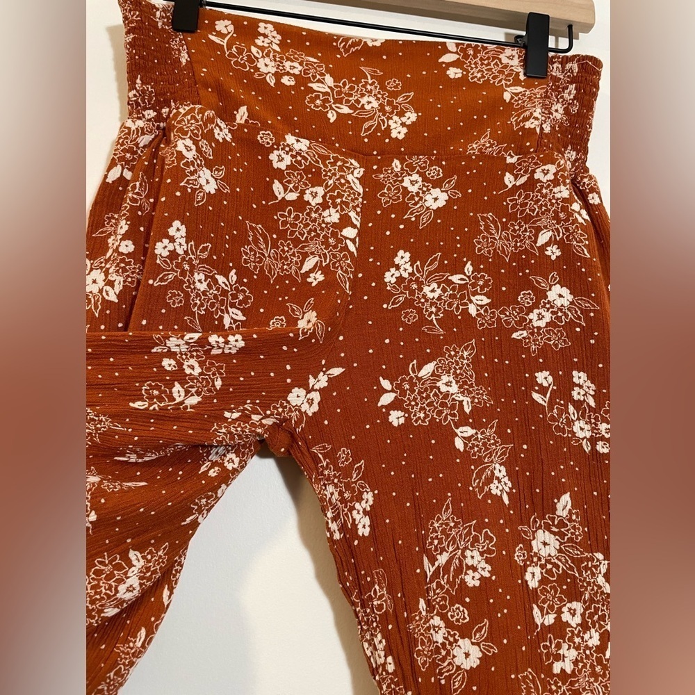 Three Dots Burnt Orange Boho Floral Pull On Wide Leg Pants Stretch 70’s Medium - Picture 4 of 12